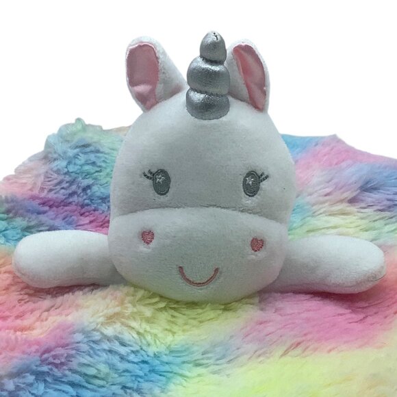 Baby Starters Plush Unicorn Lovey Security Blanket 14" x 14" Rainbow Satin Trim - Picture 1 of 6